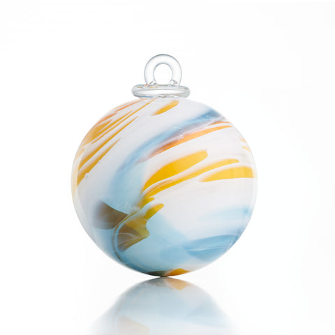 Joyeuse BOULE DE NOËL  - Blanc, veiné bleu clair, orange, jaune