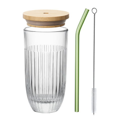Coffret verre à Smoothie OUESSANT  avec paille en verre verte et brosse - Transparent