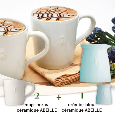Ensemble de 2 mugs écrus et 1 crémier bleu en céramique  ABEILLE Abeille - bleu-écru